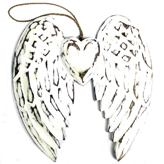 Doble ala de ángel de madera con corazón 24 cm