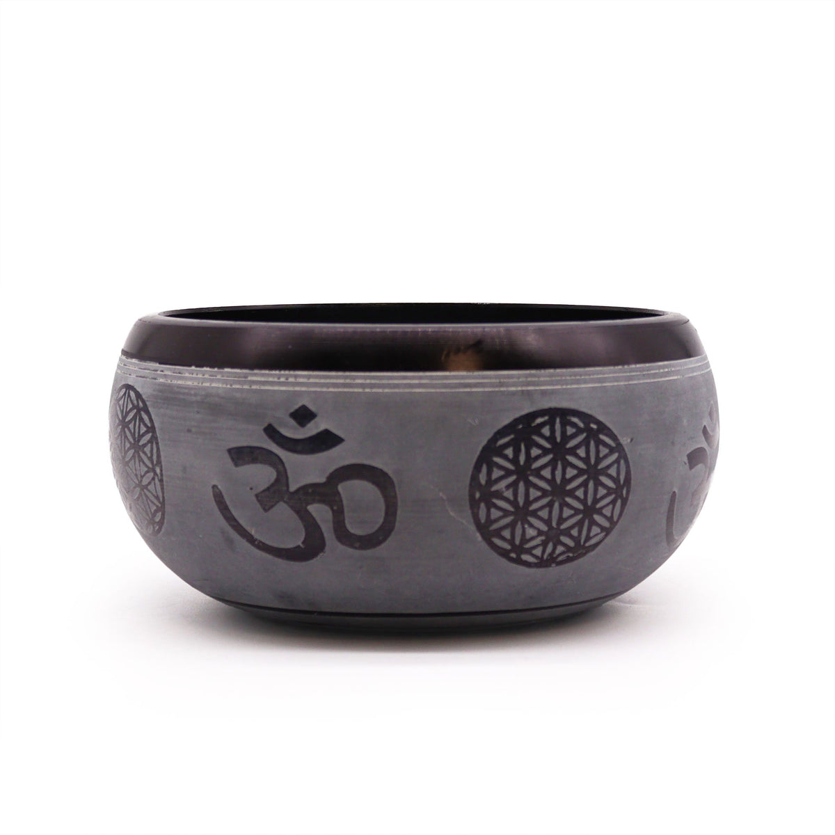 Cuenco tibetano gris con Om y flor de la vida grabados