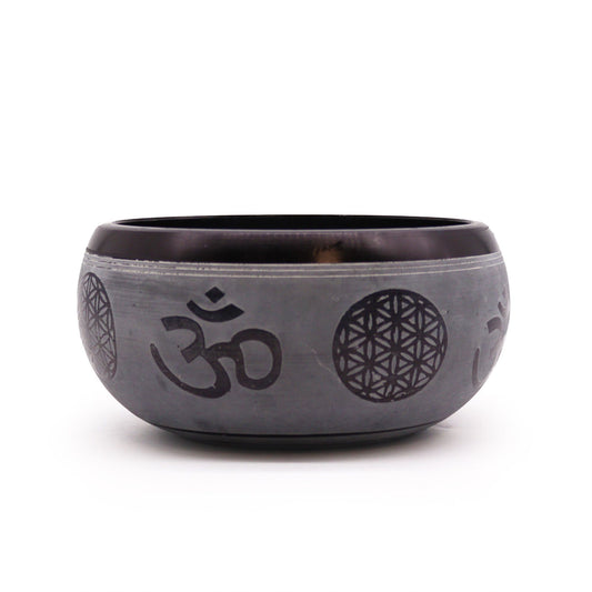 Cuenco tibetano gris con Om y flor de la vida grabados
