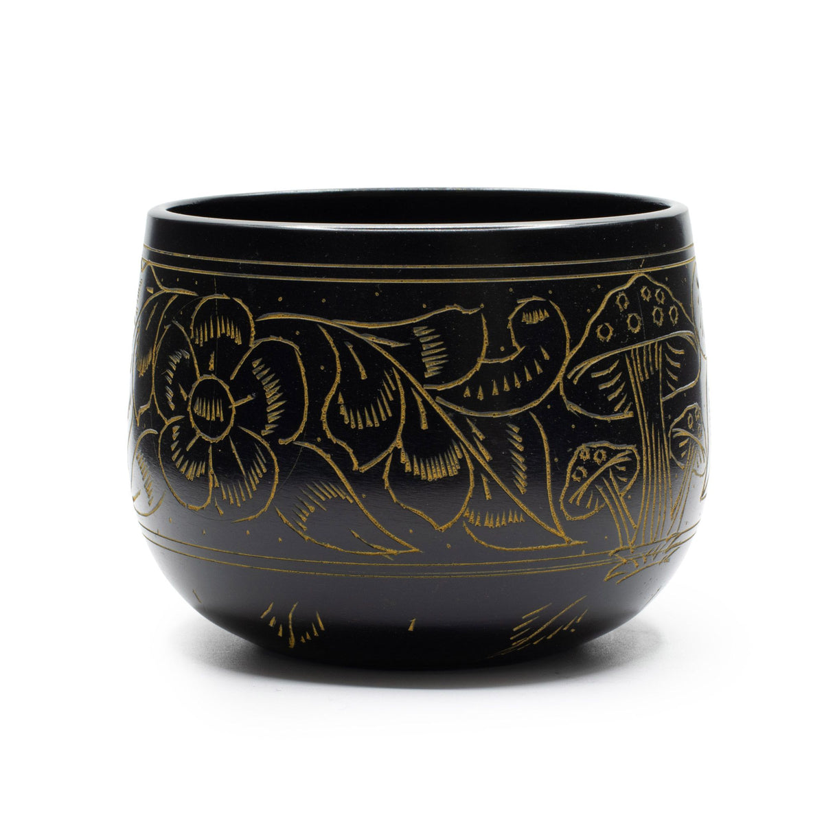 Cuenco tibetano caldero negro con setas grabadas en dorado
