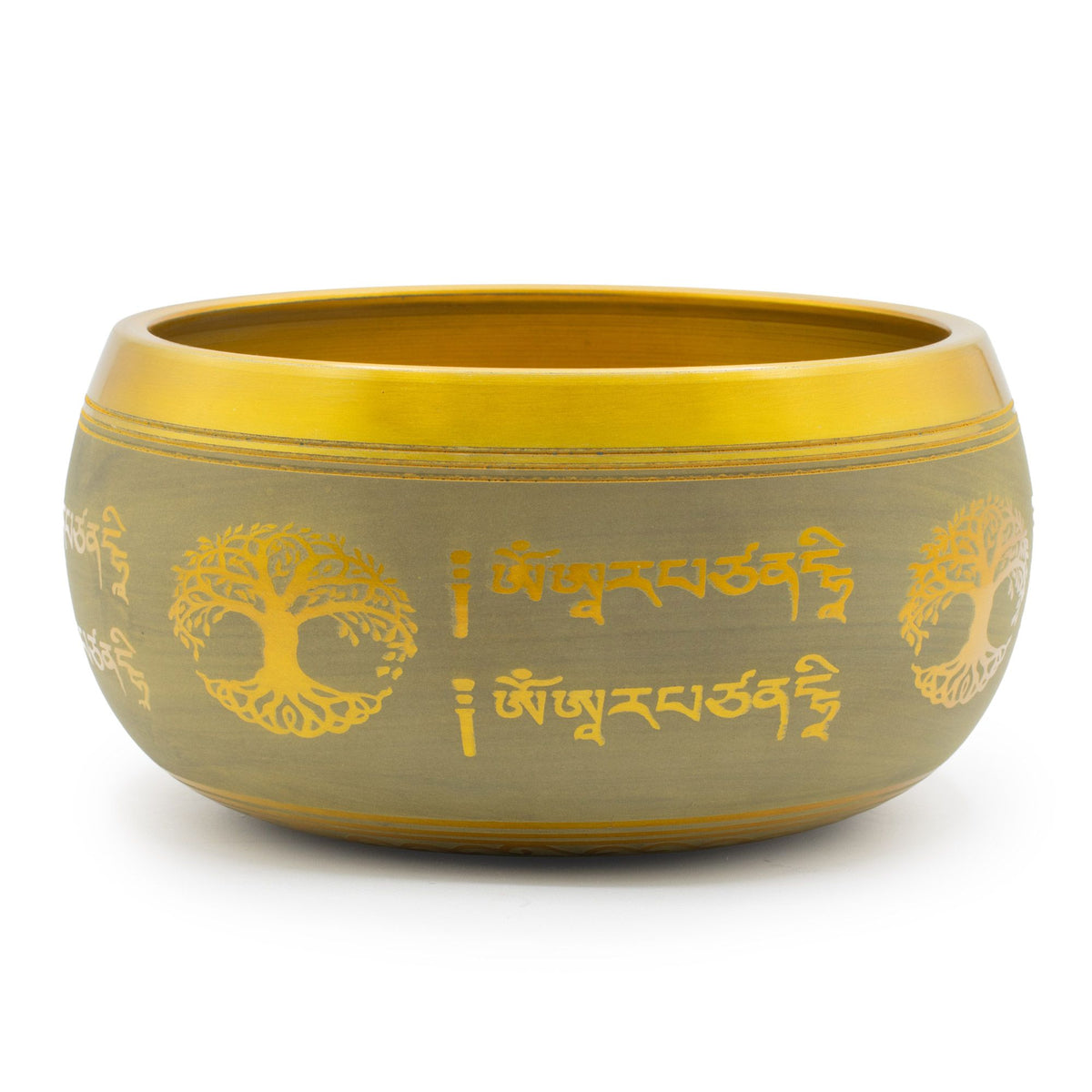 Cuenco tibetano dorado con árbol de la vida y Buda grabado