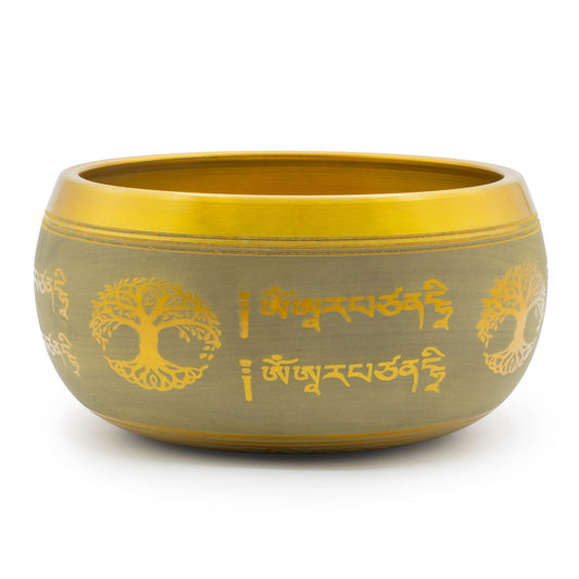 Cuenco tibetano dorado con árbol de la vida y Buda grabado