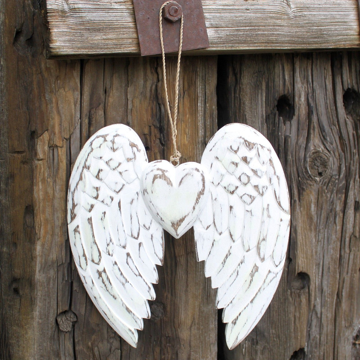 Doble ala de ángel de madera con corazón 24 cm