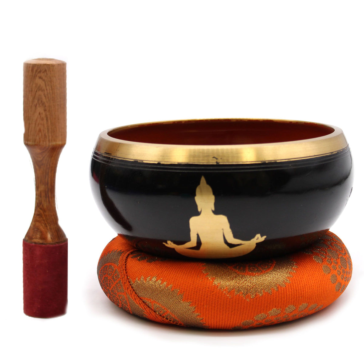 Set de cuenco tibetano grande negro con Buda con mazo y cojín