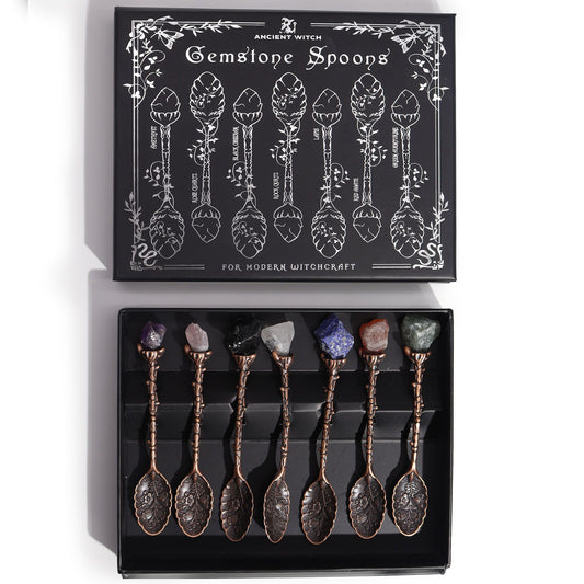 Set de 7 cucharas de bruja de metal acabado bronce con piedras naturales