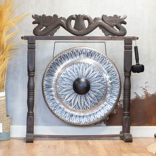 Gong de meditación de 80 cm plateado con soporte de madera tallada