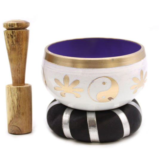 Set de cuenco tibetano blanco con yin yang con mazo y cojín