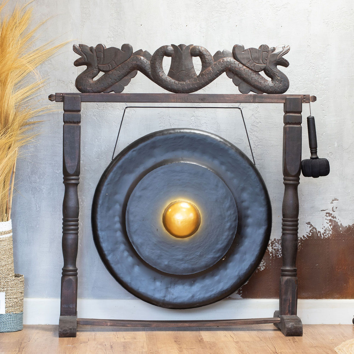 Gong de meditación de 80 cm negro con soporte de madera tallada