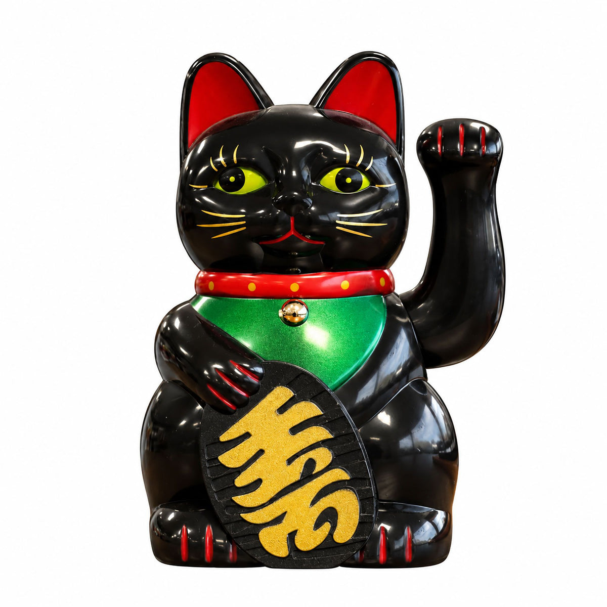 Gato de la suerte maneki-neko negro con brazo que saluda