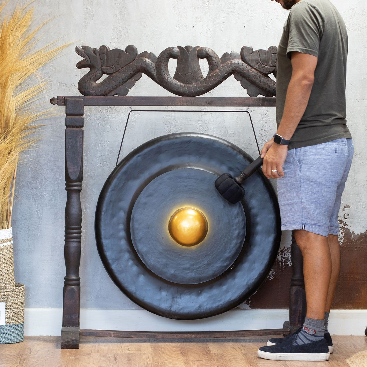 Gong de meditación de 80 cm negro con soporte de madera tallada, foto 5