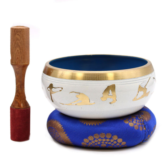 Set de cuenco tibetano grande blanco con posturas de yoga con mazo y cojín