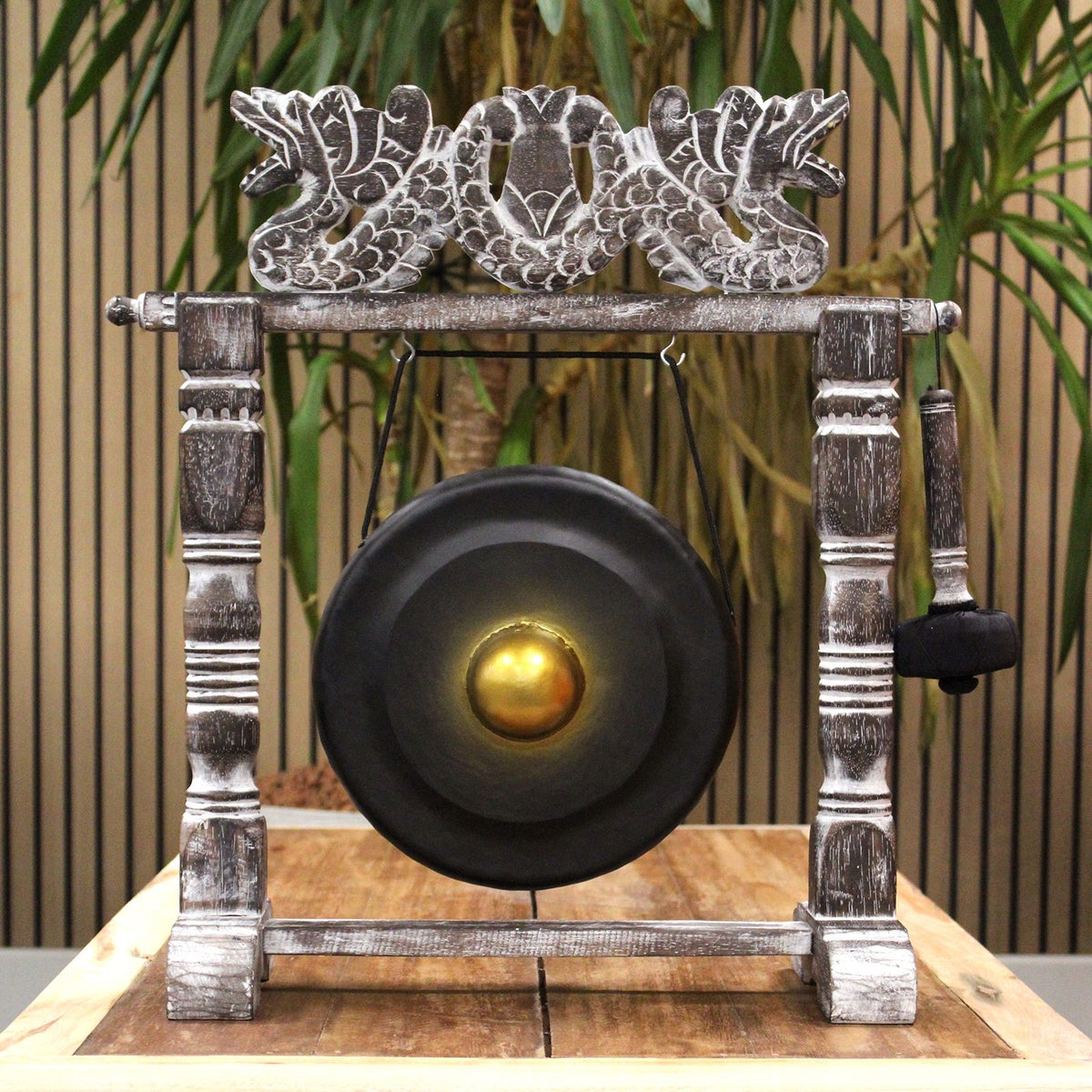 Gong de meditación de 25 cm negro con soporte de madera tallada, foto 8