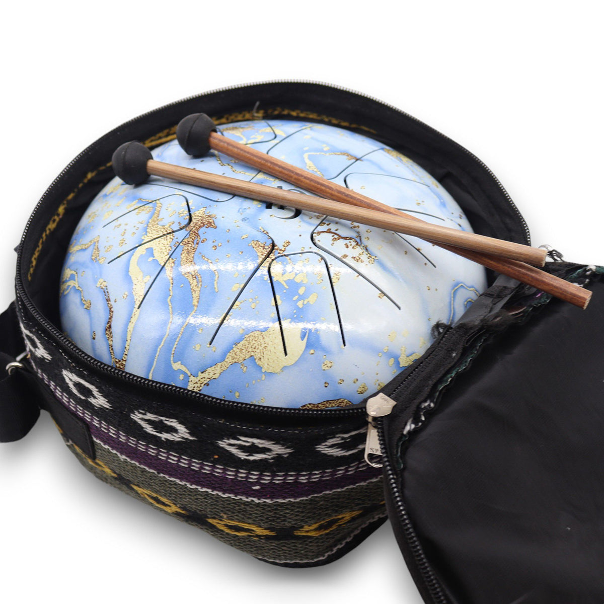 Tambor Hapi Cielo Azul de 17 cm dentro de su funda estampada