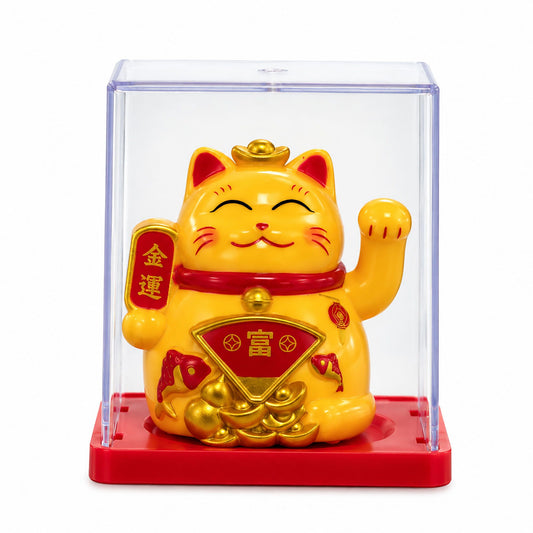 Mini gato de la suerte solar amarillo en caja transparente
