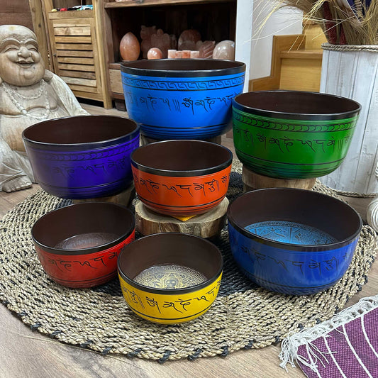 Juego de 7 cuencos tibetanos de colores, tamaño grande