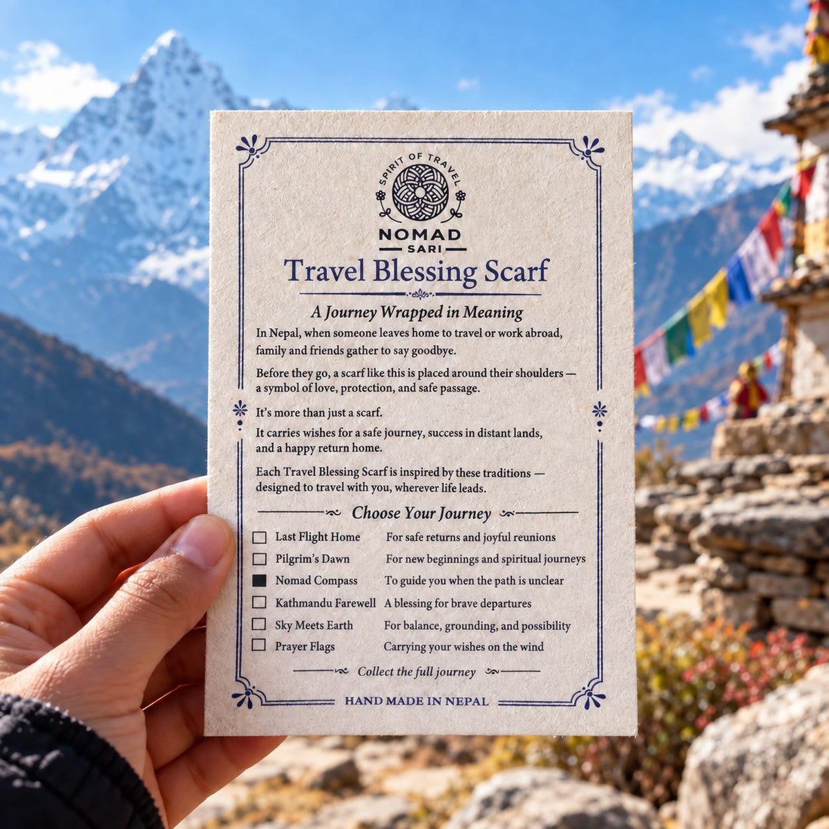Tarjeta de bendición de viaje que acompaña a las bufandas Nomad Sari