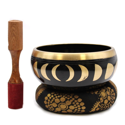 Set de cuenco tibetano grande negro con fases lunares con mazo y cojín