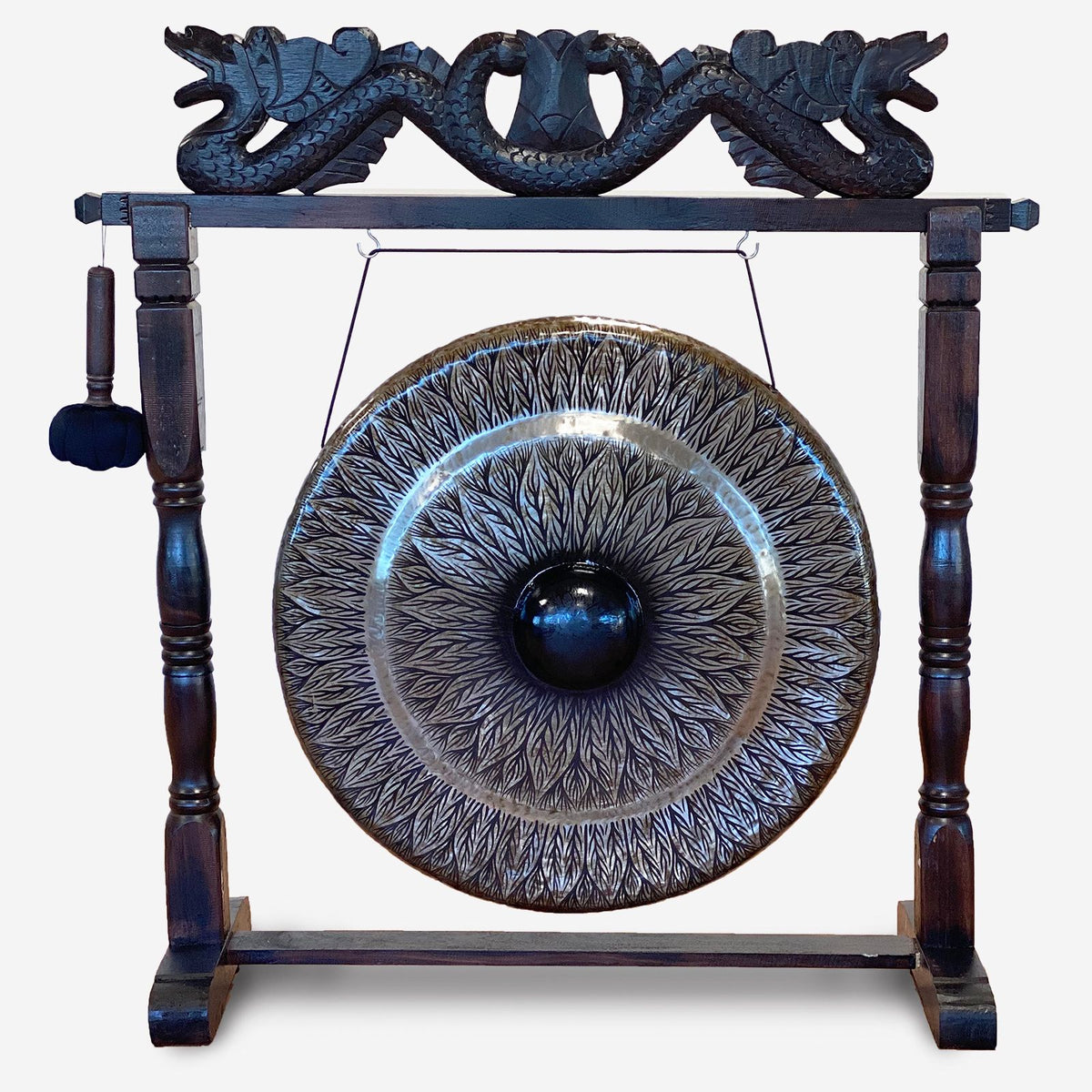Gong de meditación de 80 cm plateado con soporte de madera tallada, foto 5