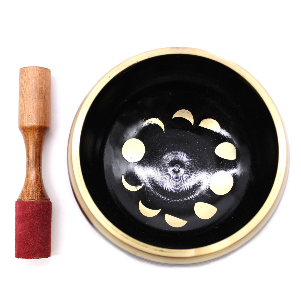 Set de cuenco tibetano grande negro con fases lunares con mazo y cojín, foto 2
