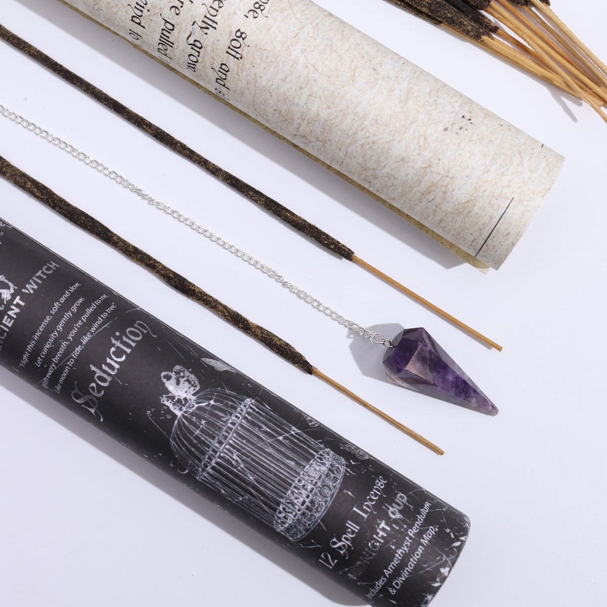 Incienso antiguo para hechizos de brujería - Seducción - Péndulo de amatista