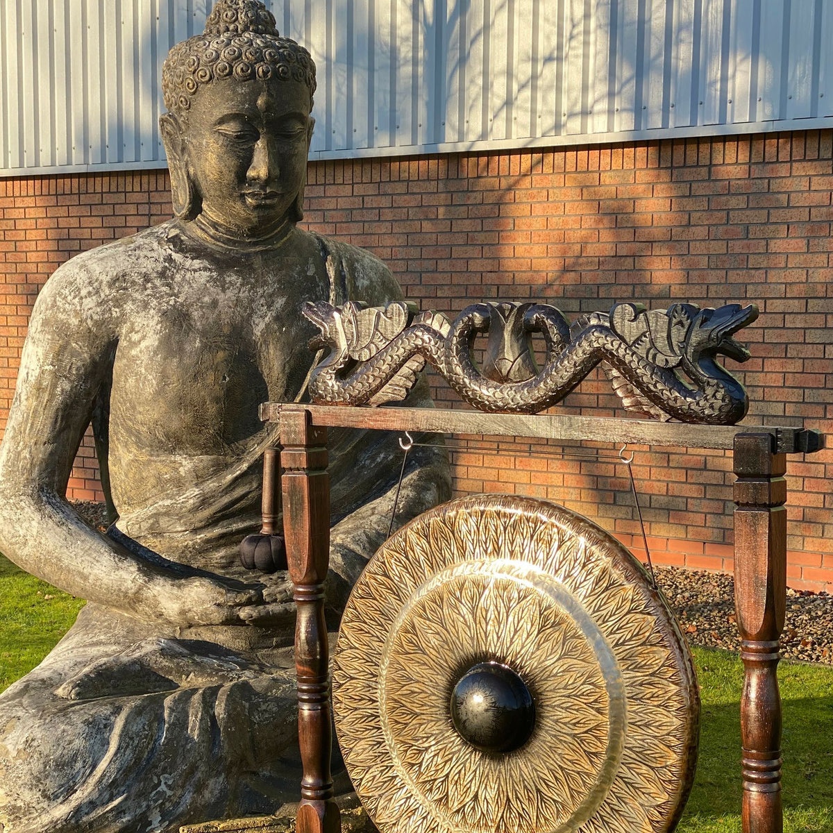 Gong de meditación de 80 cm plateado con soporte de madera tallada, foto 4