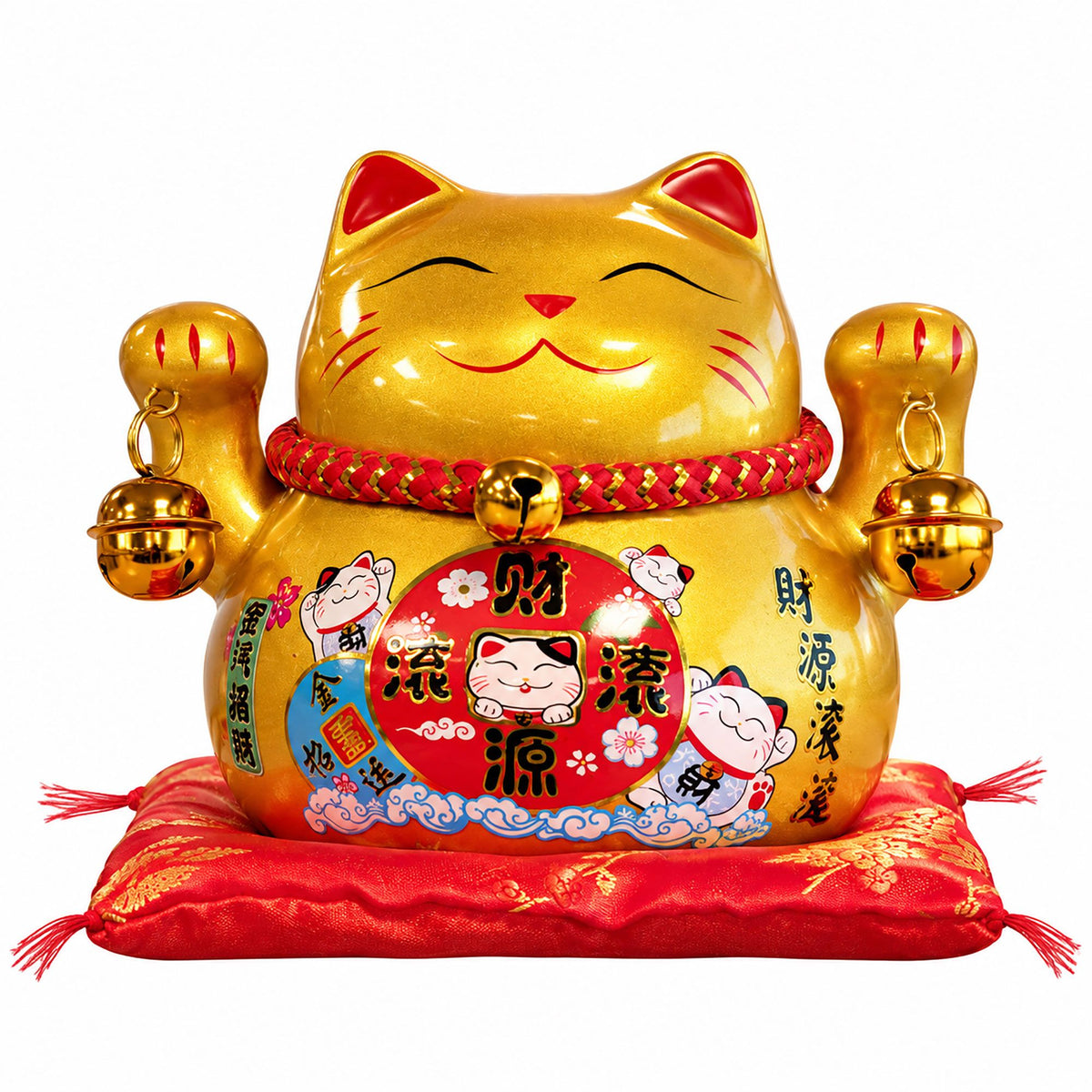 Hucha de cerámica gato de la suerte dorado sobre cojín