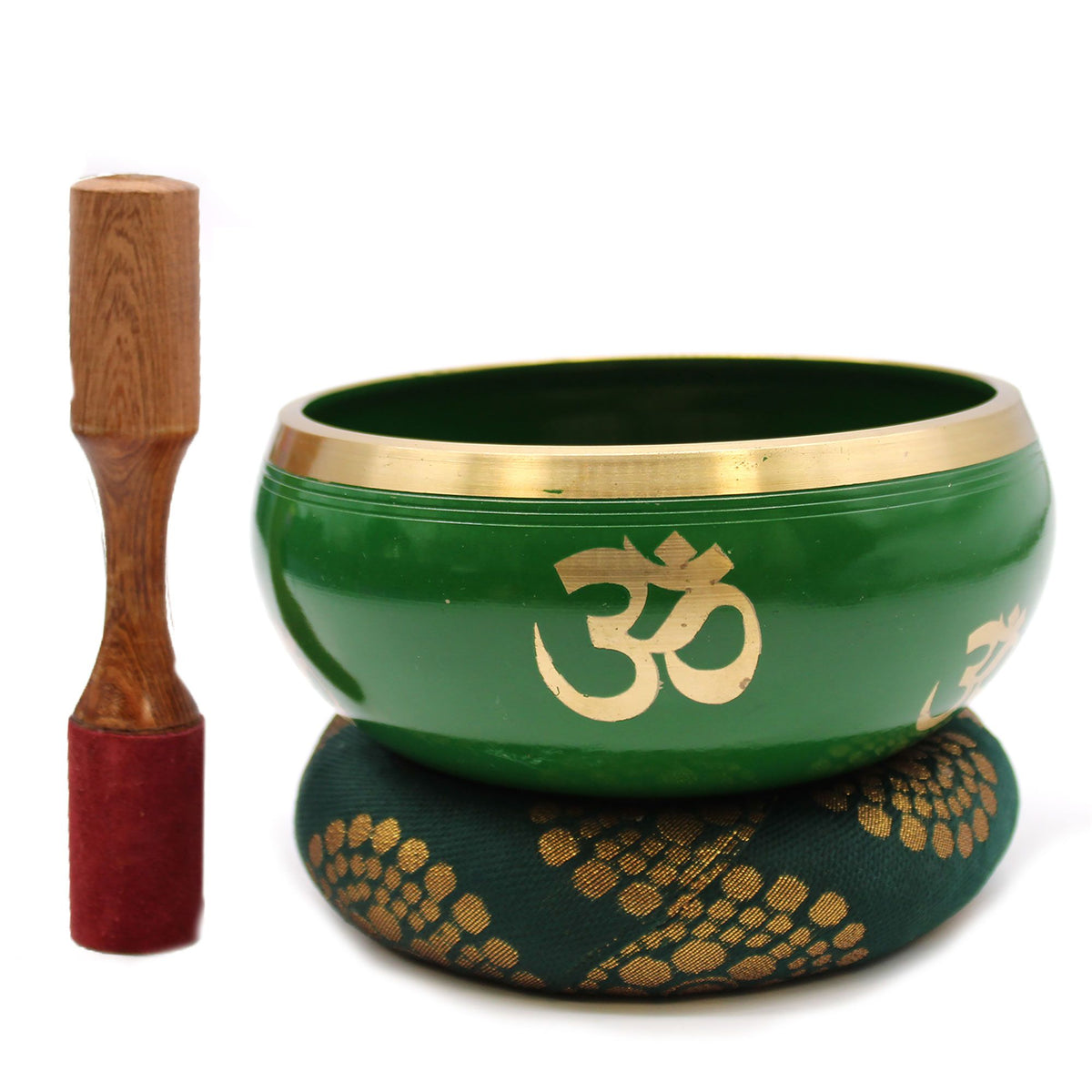 Set de cuenco tibetano grande verde con árbol de la vida con mazo y cojín