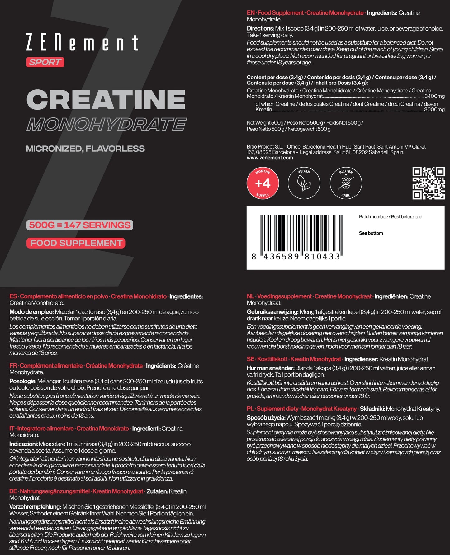 Creatina Monohidrato Pura en Polvo - 500g - Montber Professional Brand