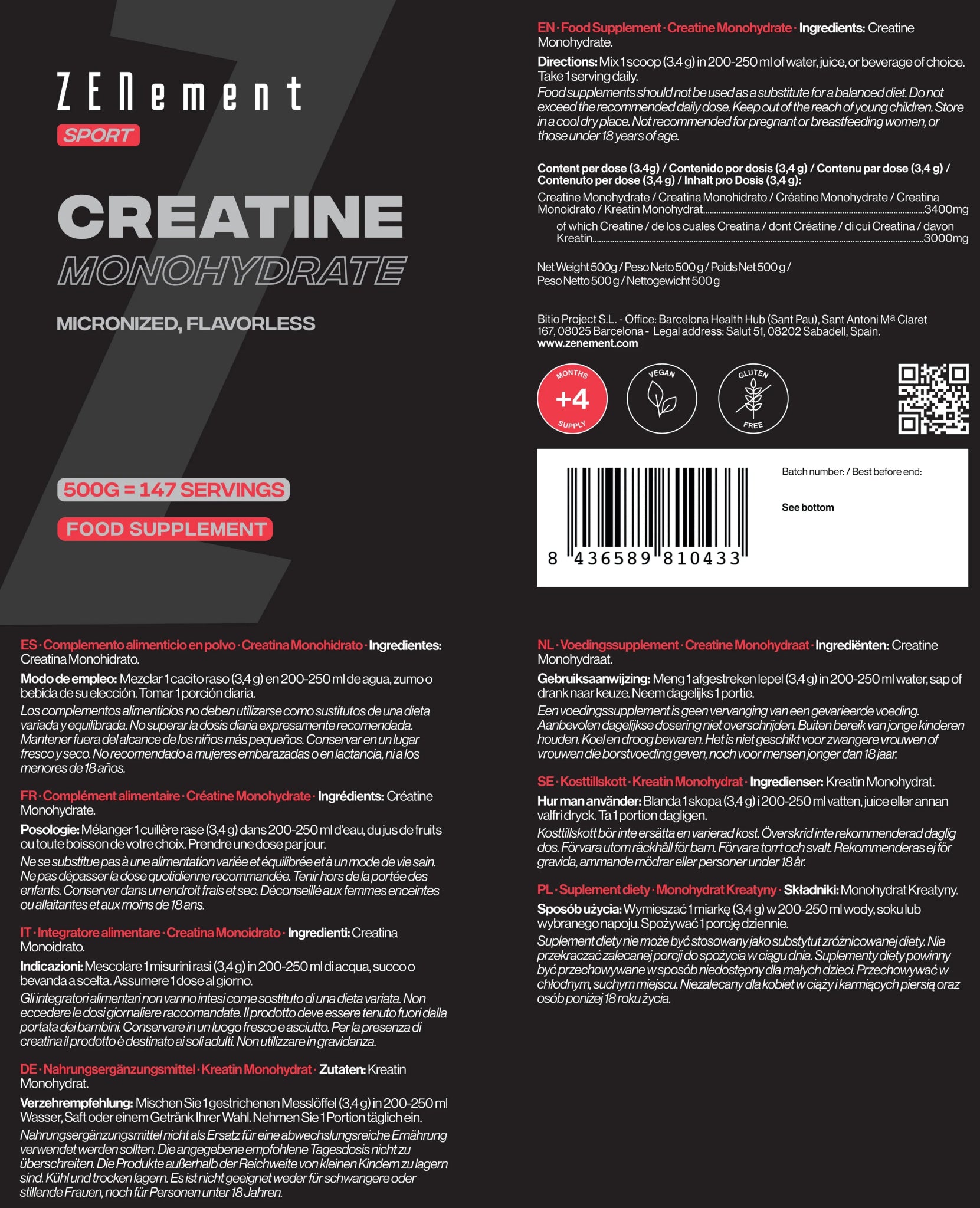 Creatina Monohidrato Pura en Polvo - 500g - Montber Professional Brand