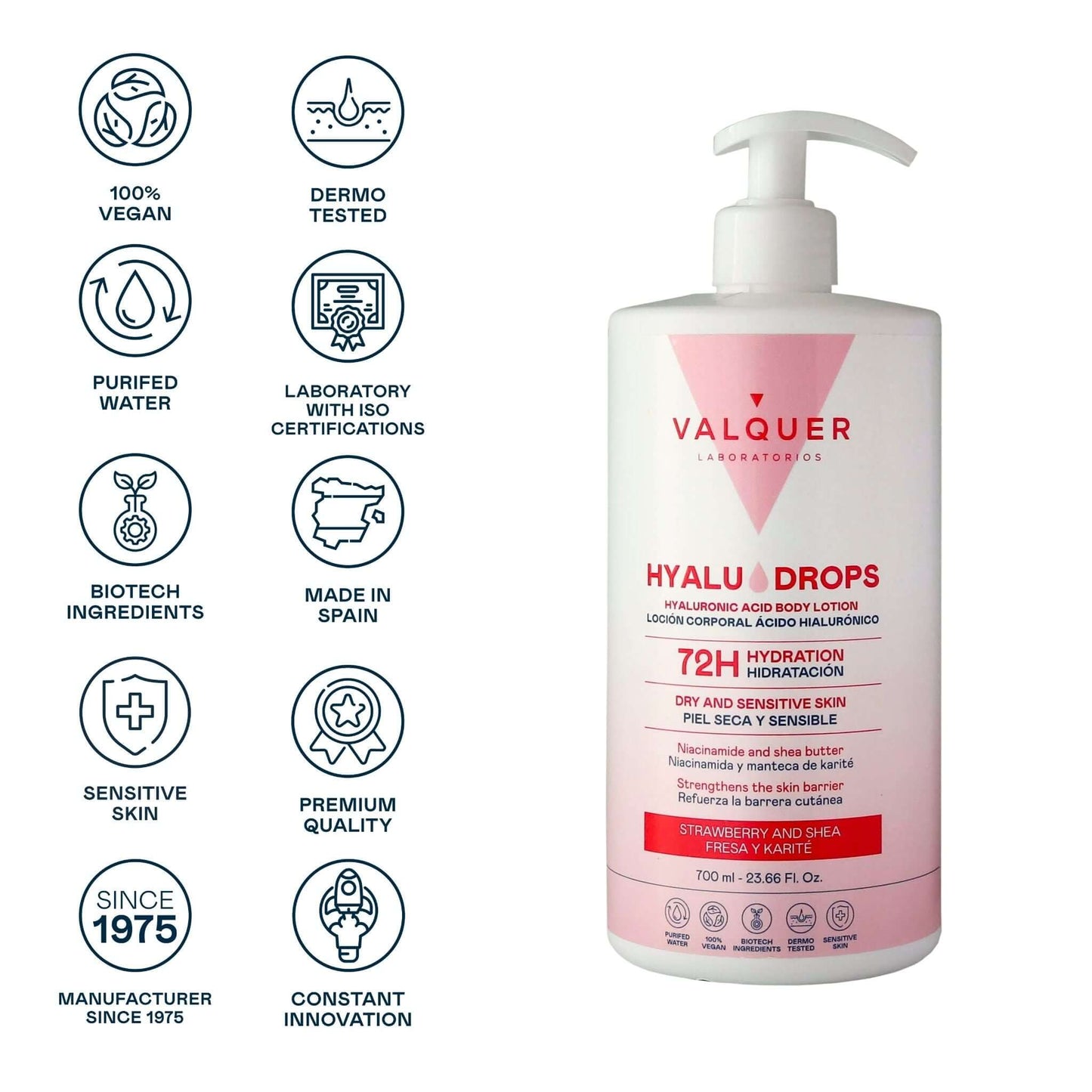 Hyaludrops Loción Corporal Fresa y Karité – Hidratación 72H - 700 ml - Montber Professional Brand