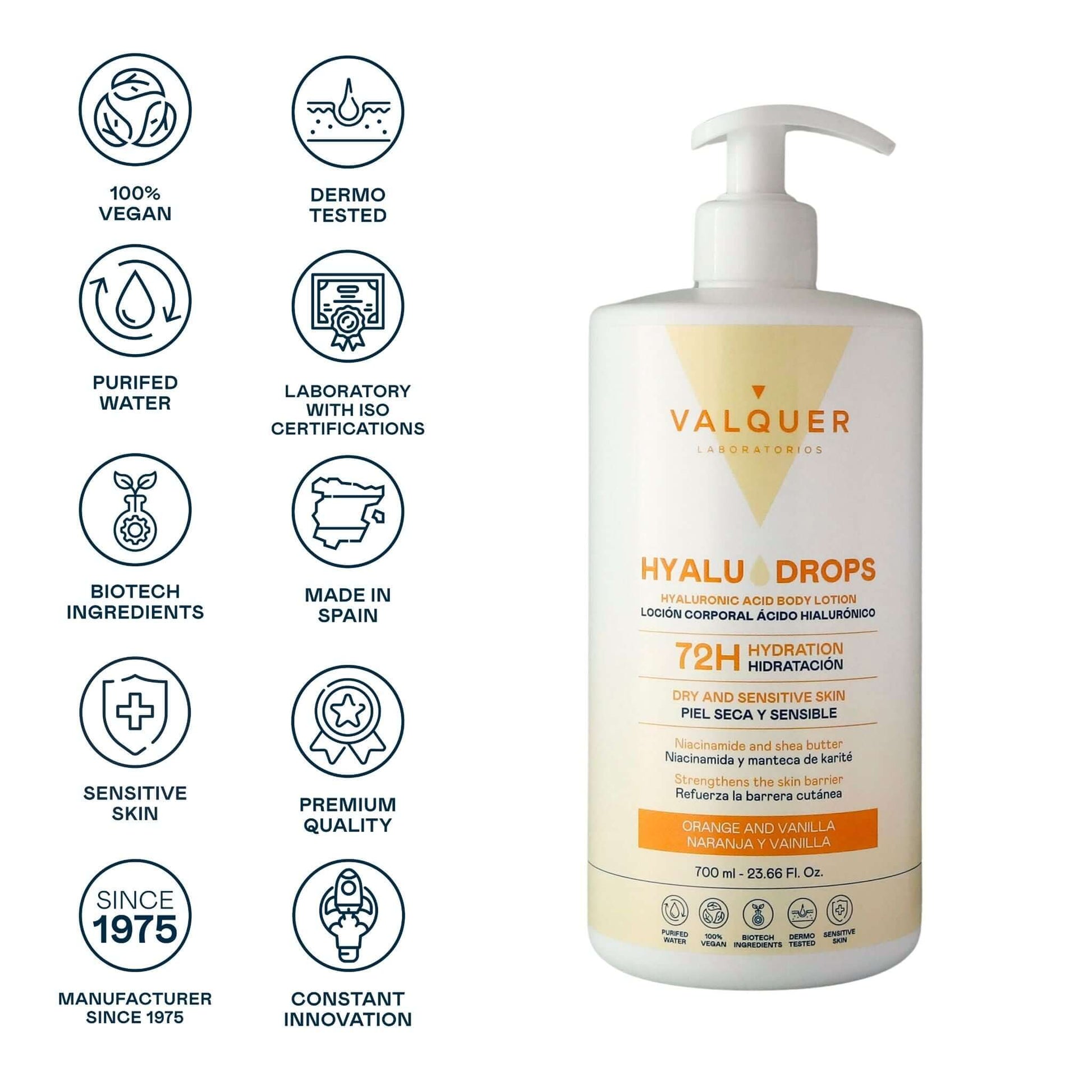 Hyaludrops Loción Corporal Naranja y Vainilla – Hidratación 72H - 700 ml - Montber Professional Brand