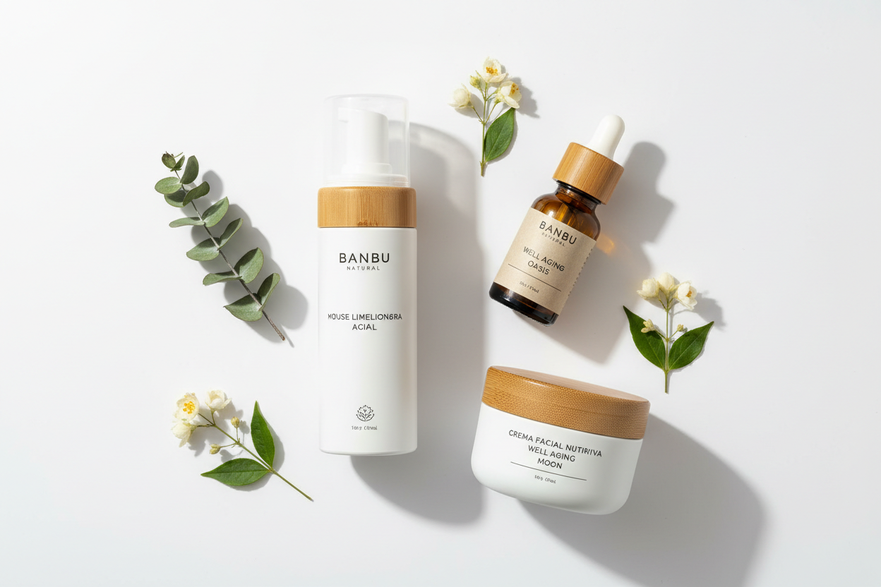 Pack Rutina Facial Eco Well Aging BANBU – Mousse Limpiadora Aura, Sérum Oasis y Crema Moon para piel madura sobre fondo blanco