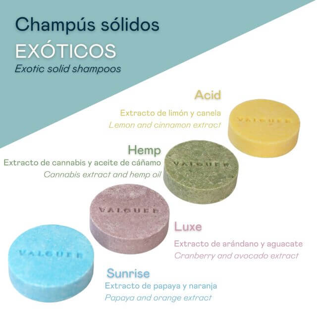 Pack 4 champús sólidos exóticos: Acid, Luxe, Sunrise y Hemp - 200 g - Montber Professional Brand