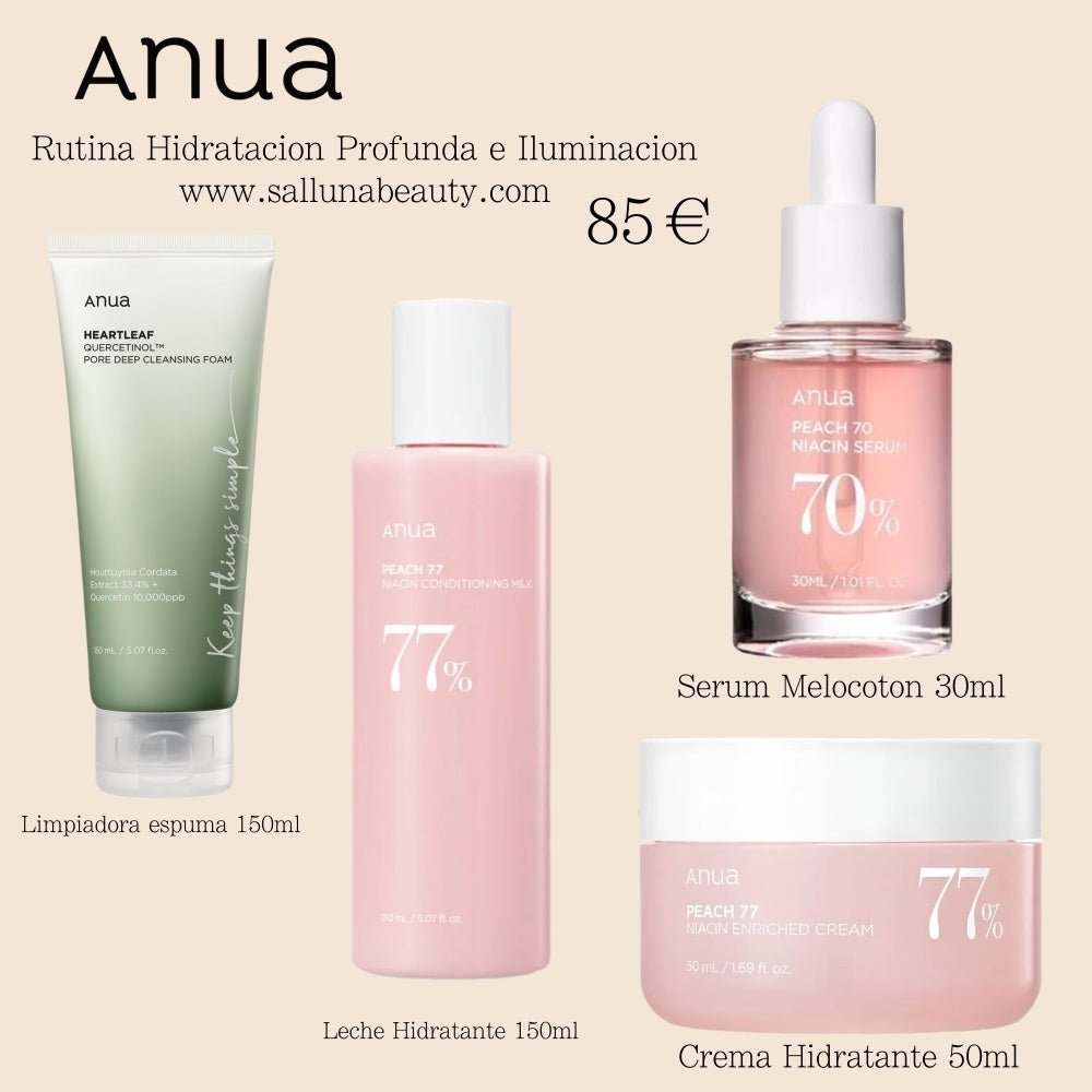Pack ANUA – Rutina de Hidratación Profunda e Iluminación (Espuma Limpiadora 150ml + Leche Hidratante 150ml + Sérum Melocotón 30ml + Crema Hidratante 50ml) - Montber Professional Brand