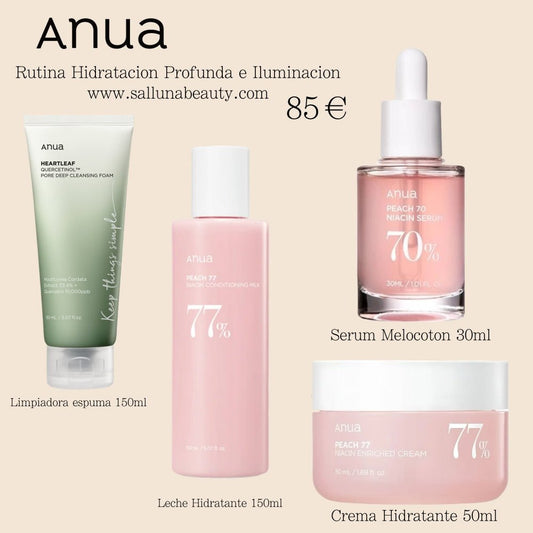 Pack ANUA – Rutina de Hidratación Profunda e Iluminación (Espuma Limpiadora 150ml + Leche Hidratante 150ml + Sérum Melocotón 30ml + Crema Hidratante 50ml) - Montber Professional Brand