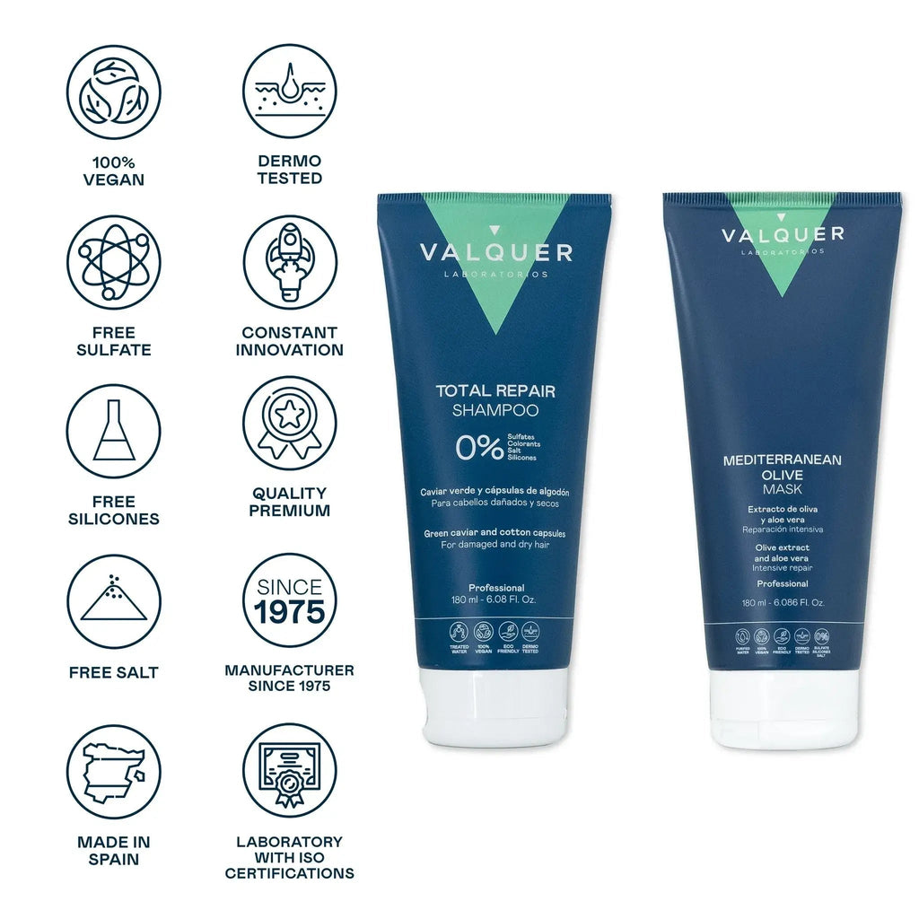 Pack Champú y Mascarilla Capilar de Oliva Reparación Total - 180 ml + 180 ml - Montber Professional Brand