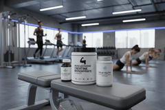 un bote de creatina en polvo, otro de bisglicinato de magnesio y otro de colágeno hidrolizado reposan sobre un banco de gimnasio con atletas practicando deporte al fondo