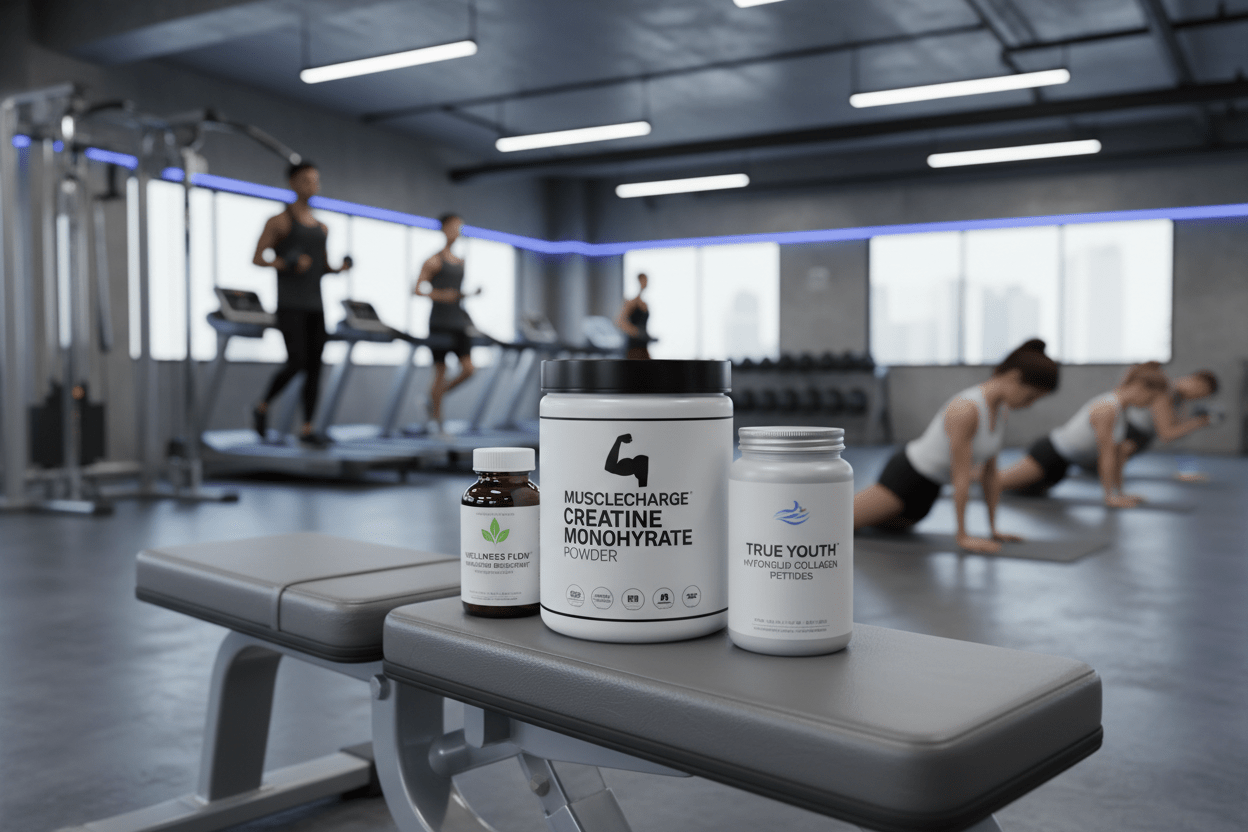 un bote de creatina en polvo, otro de bisglicinato de magnesio y otro de colágeno hidrolizado reposan sobre un banco de gimnasio con atletas practicando deporte al fondo
