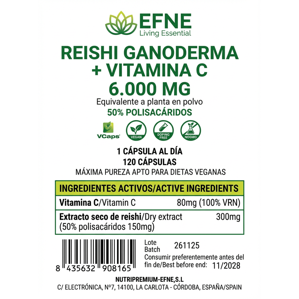 Reishi Ganoderma 6.000mg + Vitamina C EFNE: Refuerza Inmunidad y Controla el Estrés