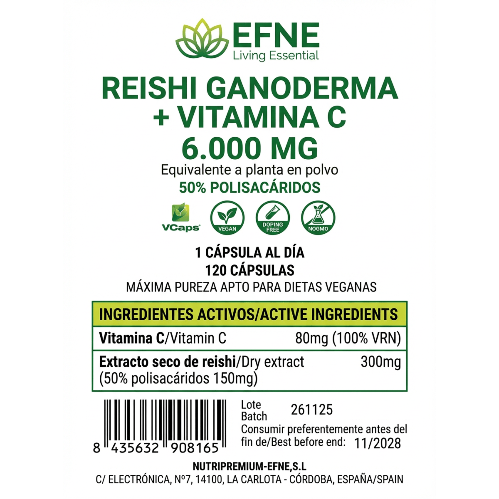 Reishi Ganoderma 6.000mg + Vitamina C EFNE: Refuerza Inmunidad y Controla el Estrés