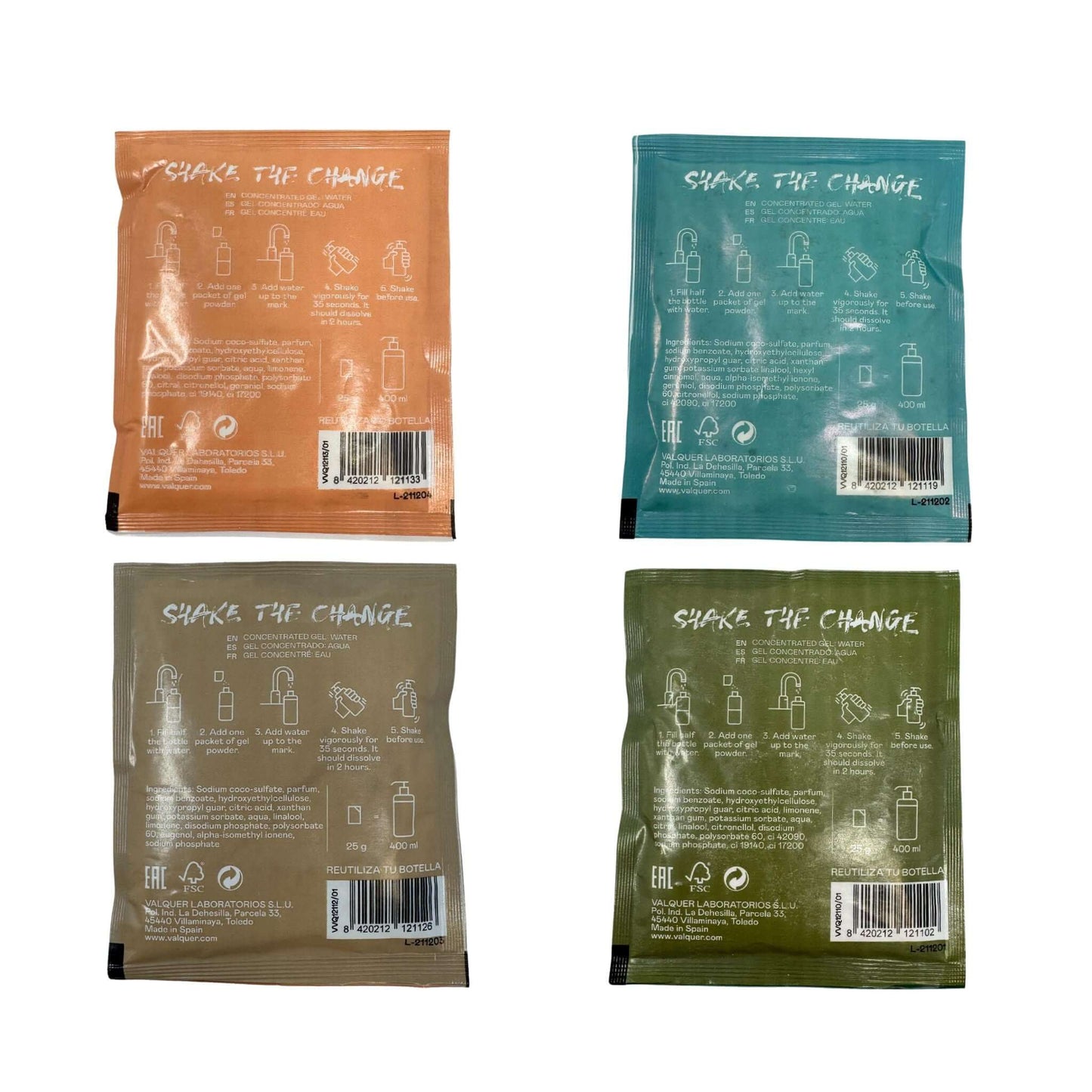 Valquer Shake - Pack 4 geles de baño sostenibles - 2 botellas + 4 sobre de 25 g - Montber Professional Brand