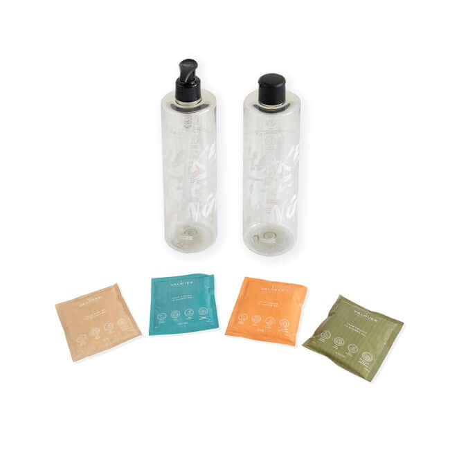 Valquer Shake - Pack 4 geles de baño sostenibles - 2 botellas + 4 sobre de 25 g - Montber Professional Brand